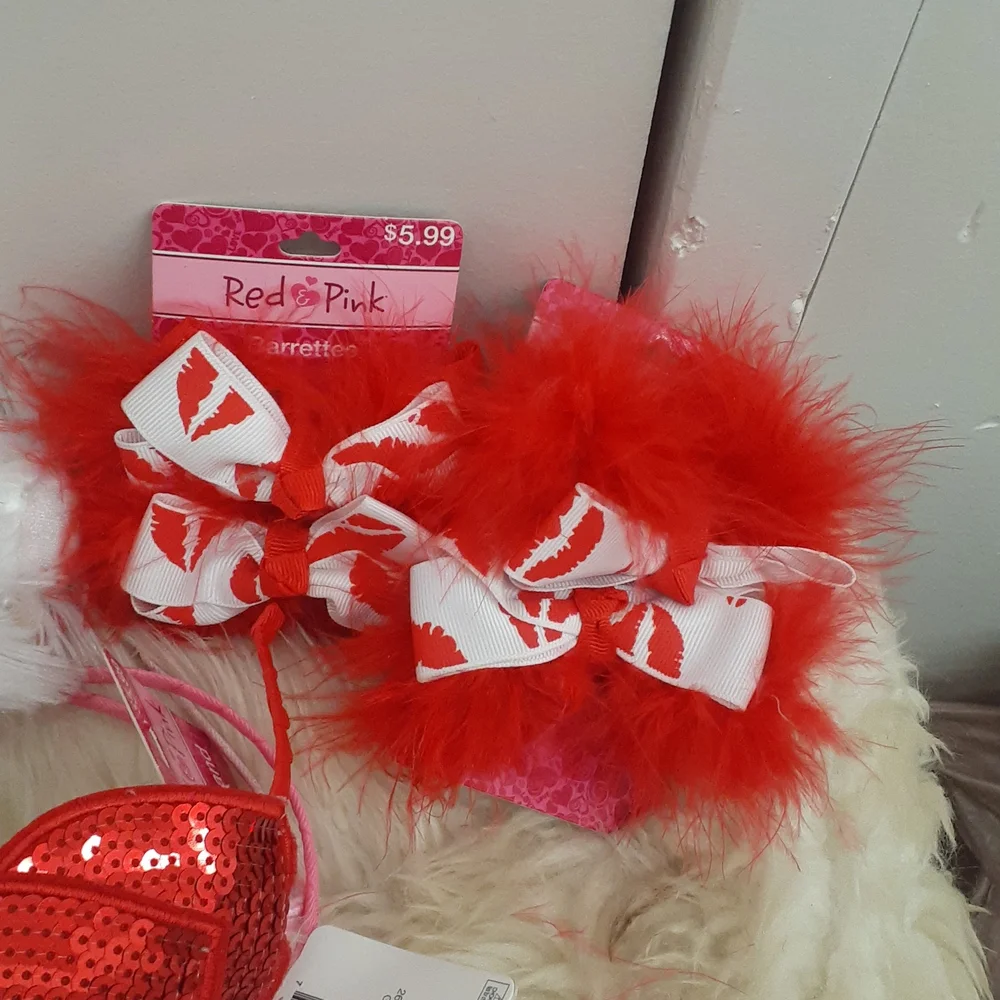 VALENTINE'S RED PINK Hair Barettes and Clips Heart Red Kisses key chain ring+
